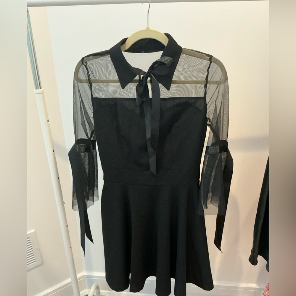 HALLOWEEN WEDNESDAY ADDAMS FAMILY Black Dress with Sheer Sleeves and Bow